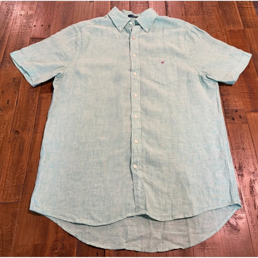 Gant Mens Regular Fit Linen Short Sleeve Button Down Shirt Green Large 3040621 - Picture 2 of 11
